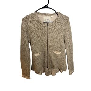 Angel Of The North Sweater Womens Medium Beige Knit Zip Jacket Peplum Cardigan